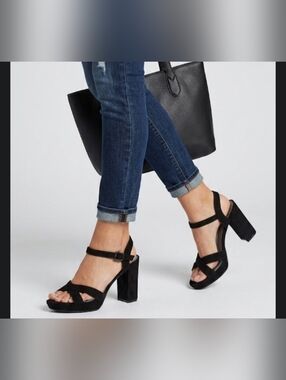 Worthington Black Suede Strappy Block Heels Women's Size 9.5